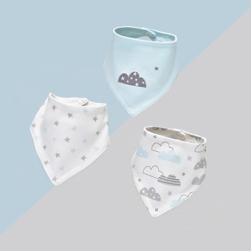 Jn&Lulu 3 Pack Newborn Baby Bibs Bandana Drool Bibs For Drooling Cotton Baby Gifts (Cloud)