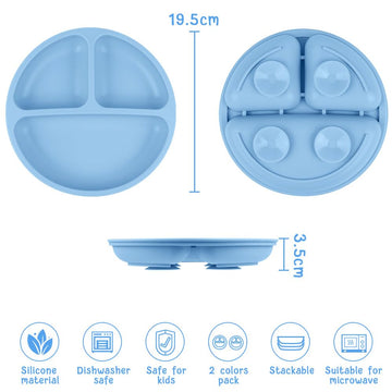 Vicloon Suction Plates, 2 Pcs Baby Toddler Plate Silicone, Bpa Free Divided Plate, Divided Plate Design,Silicone Grip Dish Micro