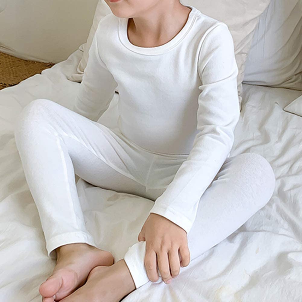 Kisbini Toddler Girls Boys Pajamas Basic Solid Color Cotton Sleepwear Soft Long Sleeve Pjs 2Pcs Set White