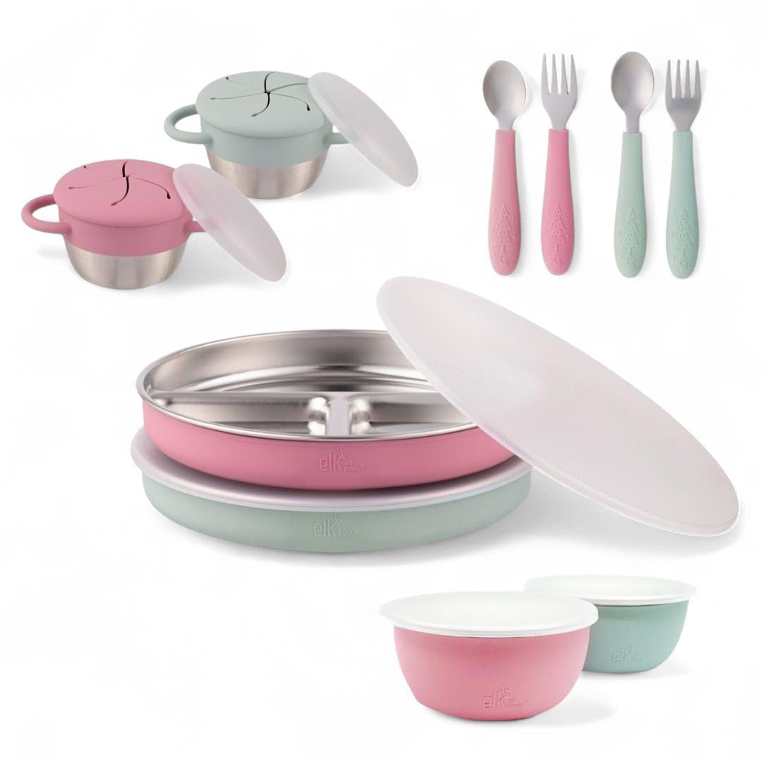 Elk and Friends Kids Stainless Steel Mealtime Bundle | Plates, Bowls, Snack Cups + Toddler Utensils | Silicone Sleeves + Travel