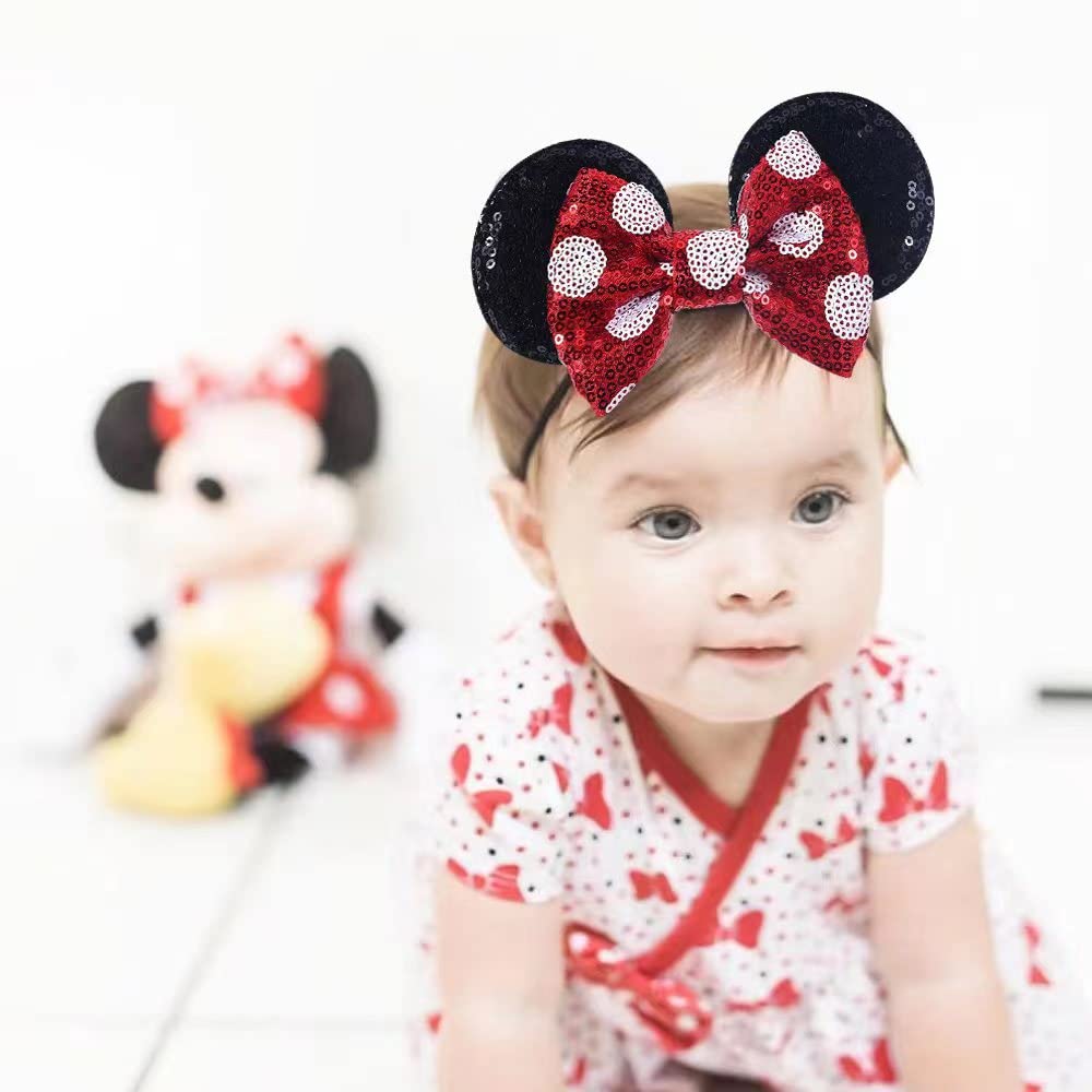 Jiahang Mouse Ears Sequin Bow Nylon Hairband With Polka Dot, Hair Bow Headband, Soft Elastic Costume Headwear For Baby Girl Newb