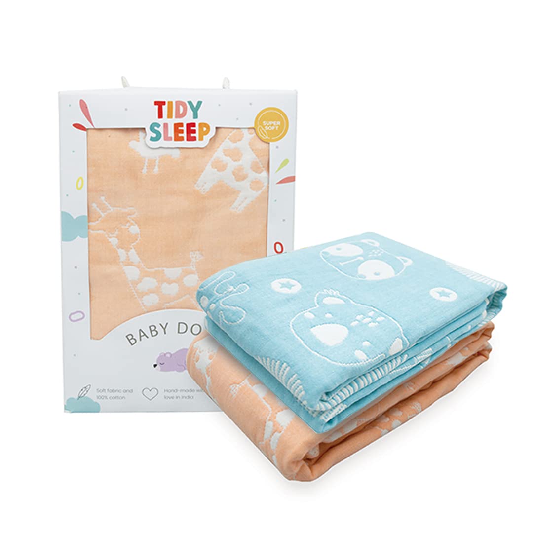 TIDY SLEEP Baby Blankets 6 Layer Wraper 100% Cotton Stroller Cover Receiving Blankets, (Pack of 2) (Peach & Blue)