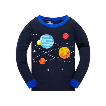 Popshion Planet Pajamas For Boys Long Sleeve Cotton Space Pjs Toddler 2 Piece Galaxy Sleepwear Kids Rocket Pants Set Boy Jammies