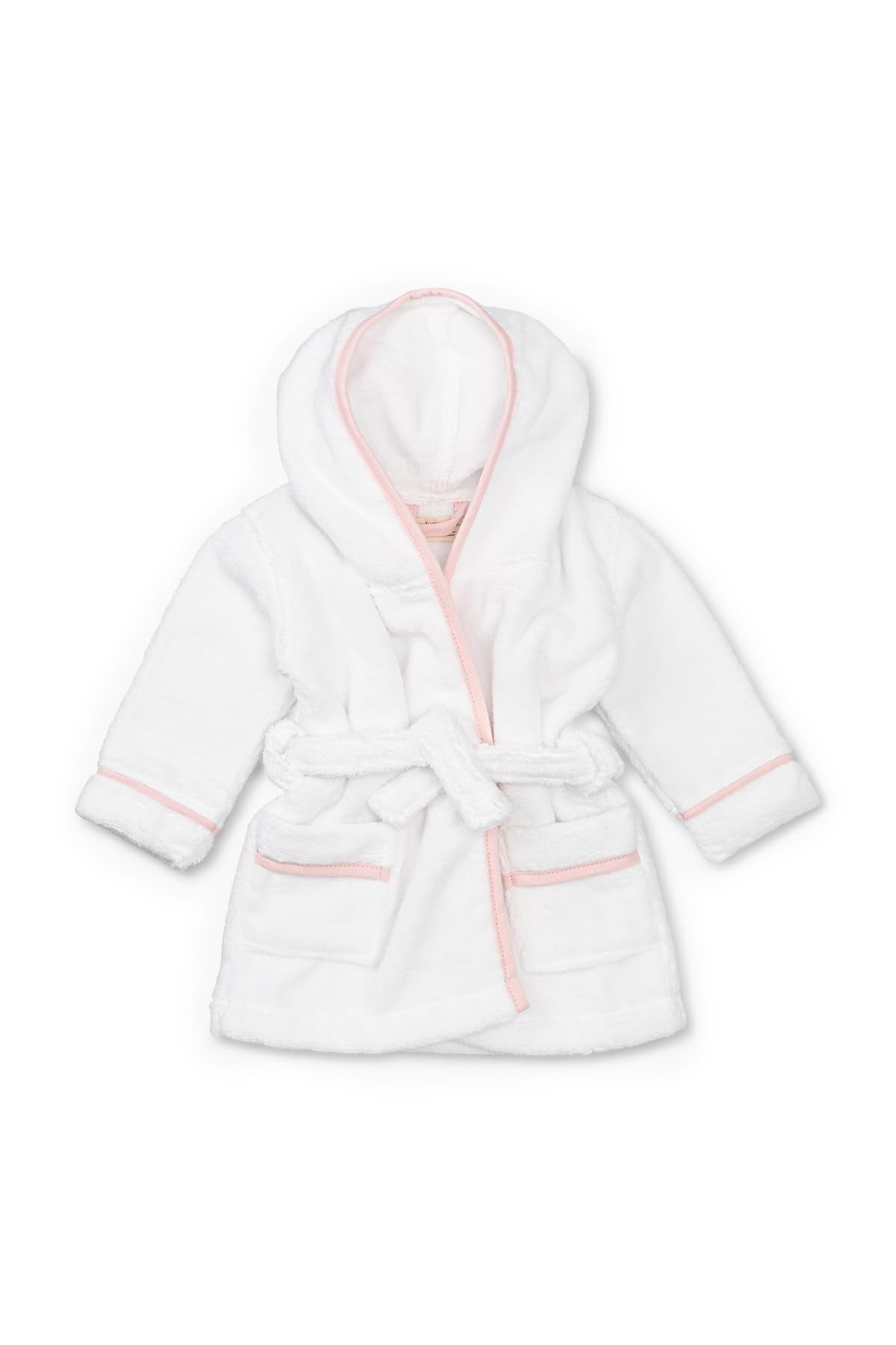 monica + andy Baby Bathrobe, White + Pink, Size 18-24 Months, Terry Hooded Towel Bathrobe, 100% Organic Baby Clothes for Girls,