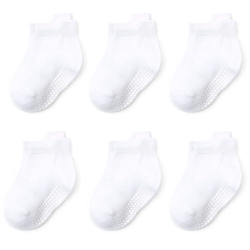 Qiyiendian 6 Pairs Non Slip Cozy Warm Ankle/Low Cut Socks With Grips For Baby Infant Toddler Kids Boys Girls(5-D White,6-12 Mont