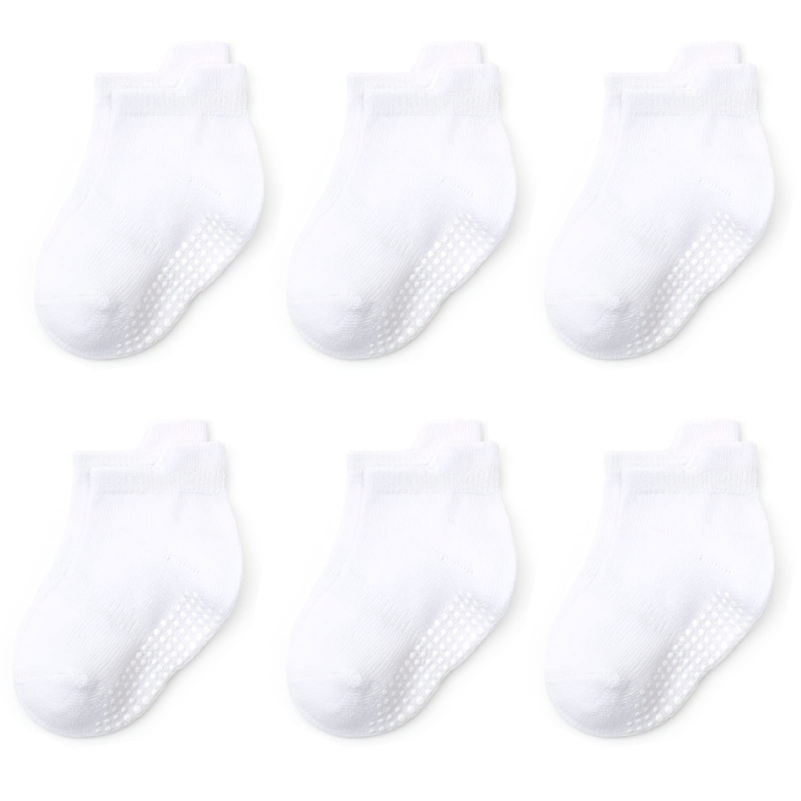 Qiyiendian 6 Pairs Non Slip Cozy Warm Ankle/Low Cut Socks With Grips For Baby Infant Toddler Kids Boys Girls(5-D White,6-12 Mont