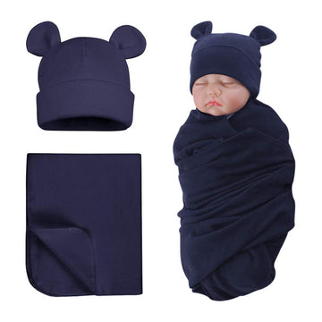 Pesaat Baby Swaddle Hat Set Bear Ears Boys Girls Beanie Newborn Baby Receiving Blanket Autumn Winter (Navy(Hat+Swaddle), 0-6 Mon