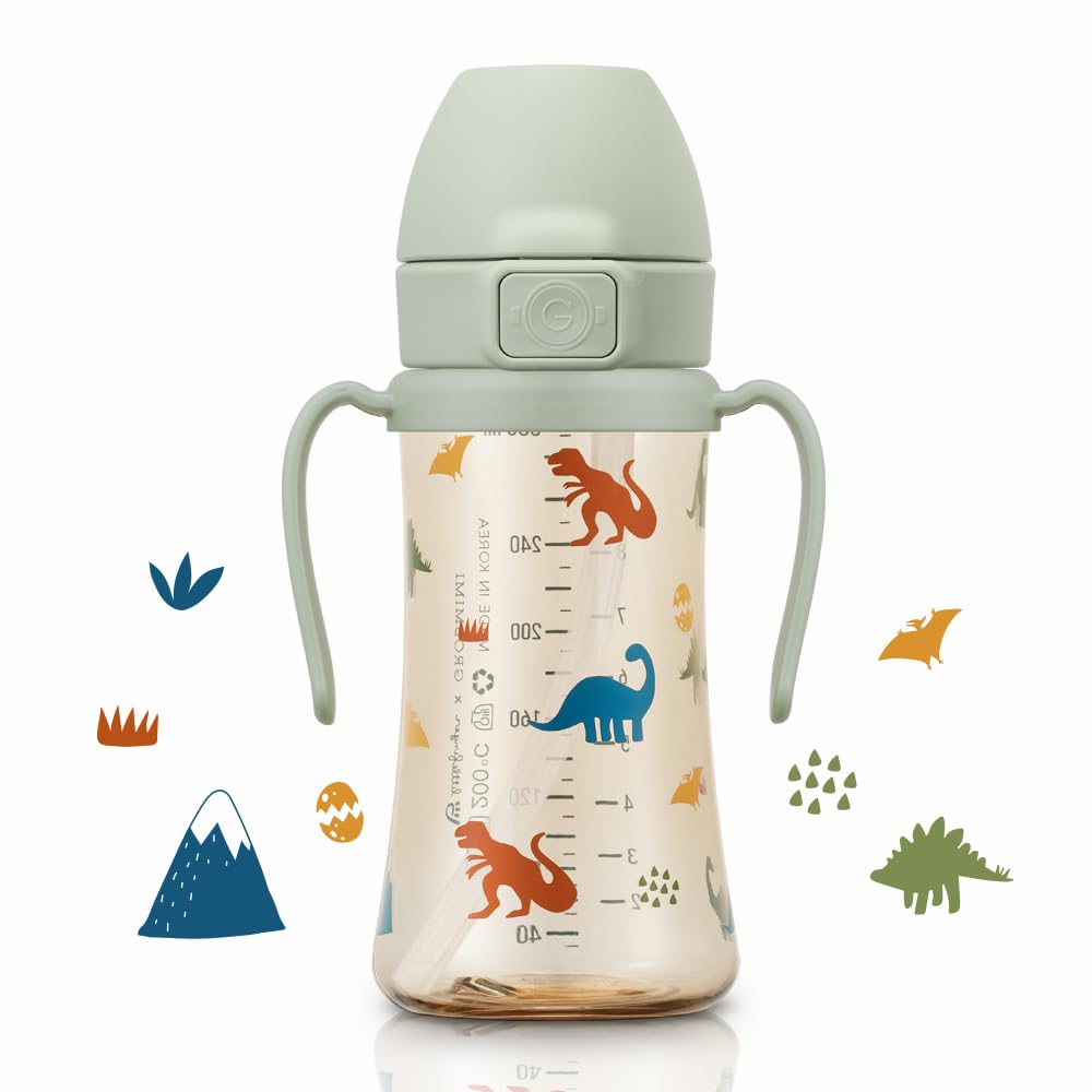 Grosmimi Flip Top Spill Proof Sippy Cup, Ppsu, Bpa Free, 10 Oz, Stage 2 Straw For Toddlers (Dinosaur)