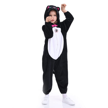 Funivals Animals Kitty Cosplay Costume Unisex Kids, Plush Black Cat Jumpsuit Pajamas Child For Halloween Christmas Party (M(For