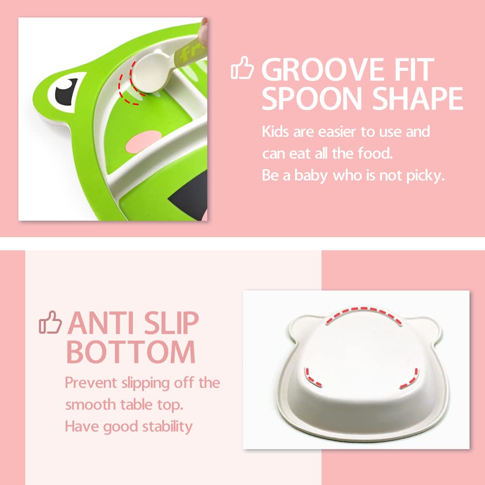 Bamboo Kid Divided Plates And Bowls Sets, 5Pcs Toddler Plates And Utensils Set Kids Dinnerware Set Children Divided Plate Toddle