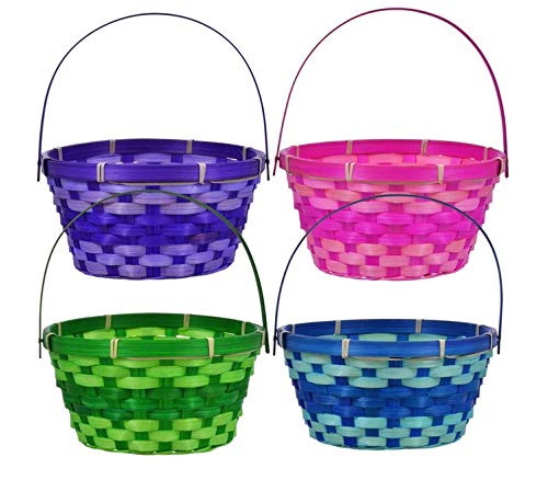 Easter Baskets With Hinged Handle - Round Woven Bamboo (Purple, Pink, Green, Blue) - 4 Pack