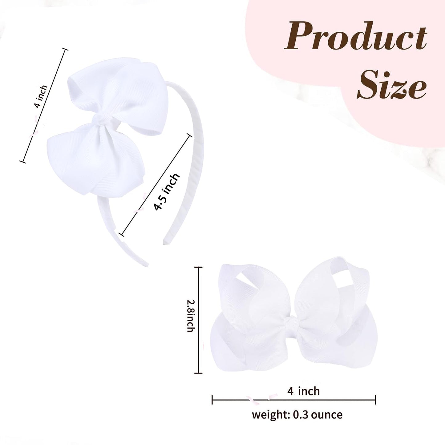 White Bow Headband & 2 Pcs 4 Inch Hair Bows Set, Back School Hair Accessories For Little Toddler School Girls (White)