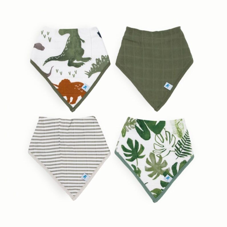 Little Unicorn Baby Bandana Bib 4 pack | Absorbent, Extra Soft Cotton for Drooling & Teething | Adjustable fit (Dino Friends)