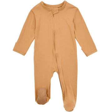 Aablexema Baby Footie Pajamas Zipper - Rayon From Bamboo Infant Footed Pjs With Mittens Sleepwear Jammies(Khaki Yellow,Newborn)