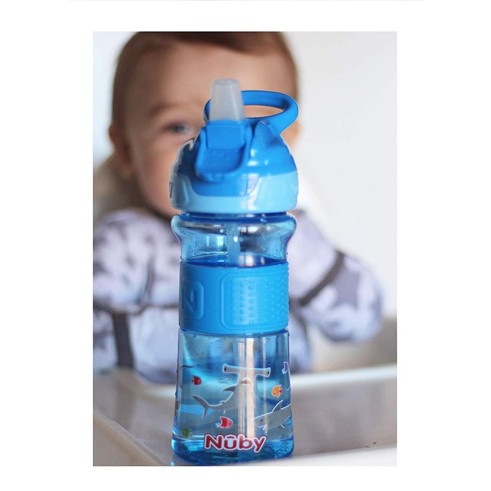 Nuby Thirsty Kids Push Button Flip-It Soft Spout On The Go Water Bottle With Easy Grip Band, Blue Sharks, 12 Oz