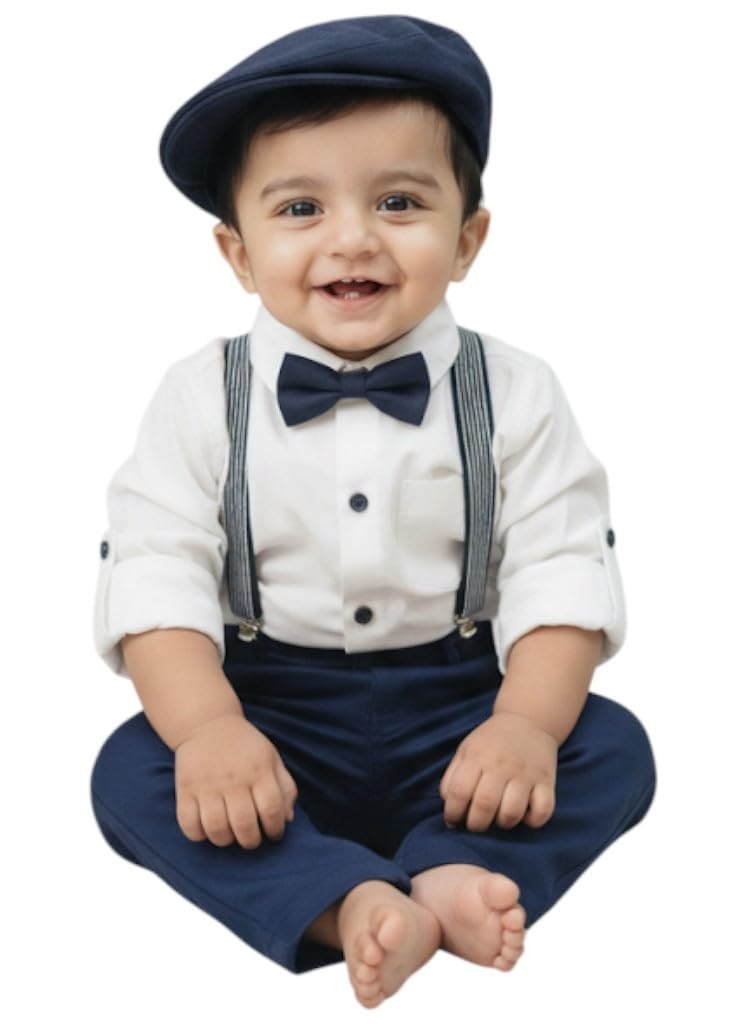 Uchchitha Designs Baby Boy Formal Outfit Set, Classic Suspenders With Bow Tie, Newsboy Cap, Special Occasion Wear (White, 56 Ye
