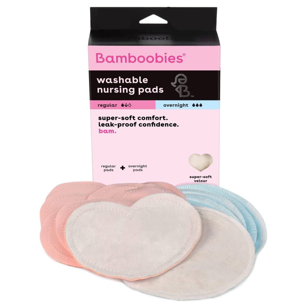 Bamboobies Ultra-Soft Velour Nursing Pads - Reusable, Washable & Leak-Proof - 2 Ultra-Thin and 2 Overnight Pads for Breastfeedin