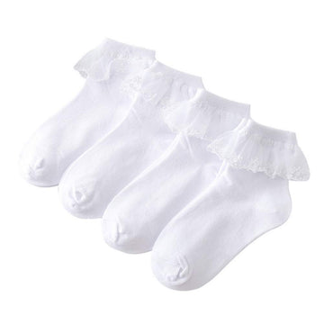 4 Pairs Toddler Baby Girls Lace Princess Socks Cotton Ruffled Solid Ankle Socks White 5-8T