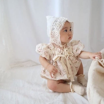 Kupretty Newborn Baby Girl Summer Clothes Vintage Floral Romper Square Neck Short Sleeve Bodysuit Jumpsuit (Beige, 0-3 Months)