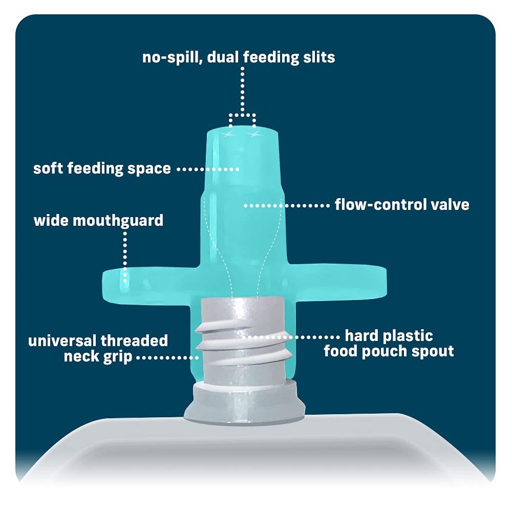 Buon Bambini Soft Sip Baby Food Pouch Toppers, 100% Silicone, Aqua/Blue, 4 Pack, Ideal For Homemade/Chunkier Baby Foods