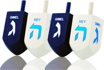 The Dreidel Company Hanukkah Hand Painted Extra Large Blue & White Wooden Dreidels - Includes Game Instruction Cards- (4-Pack Xl