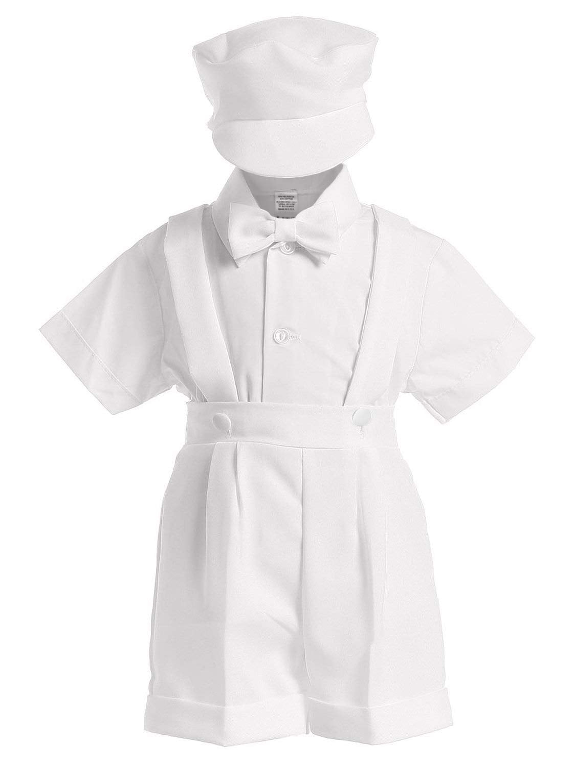 4-Piece Christening Baptism Suspender Short Set - White - Small 3-6M