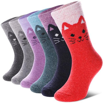 Dyw 6 Pairs Childrens Hiking Winter Warm Wool Socks Kids Boys Girls Socks (6 Pairs Cat A, 8-12 Years Old)