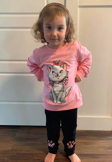 Retsugo Toddler Girls Clothes 2 Piece Girls Cat Outfit Kitten Sweater Crewneck Sweatshirts And Paw Print Cat Pants Leggings Pink