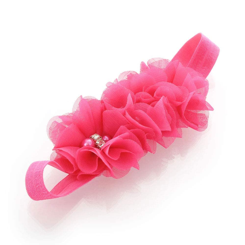 My Lello Girls Flower Headbands Toddler Fabric Beaded Trio Stretchy Elastic Pair (Light Pink/Hot Pink)