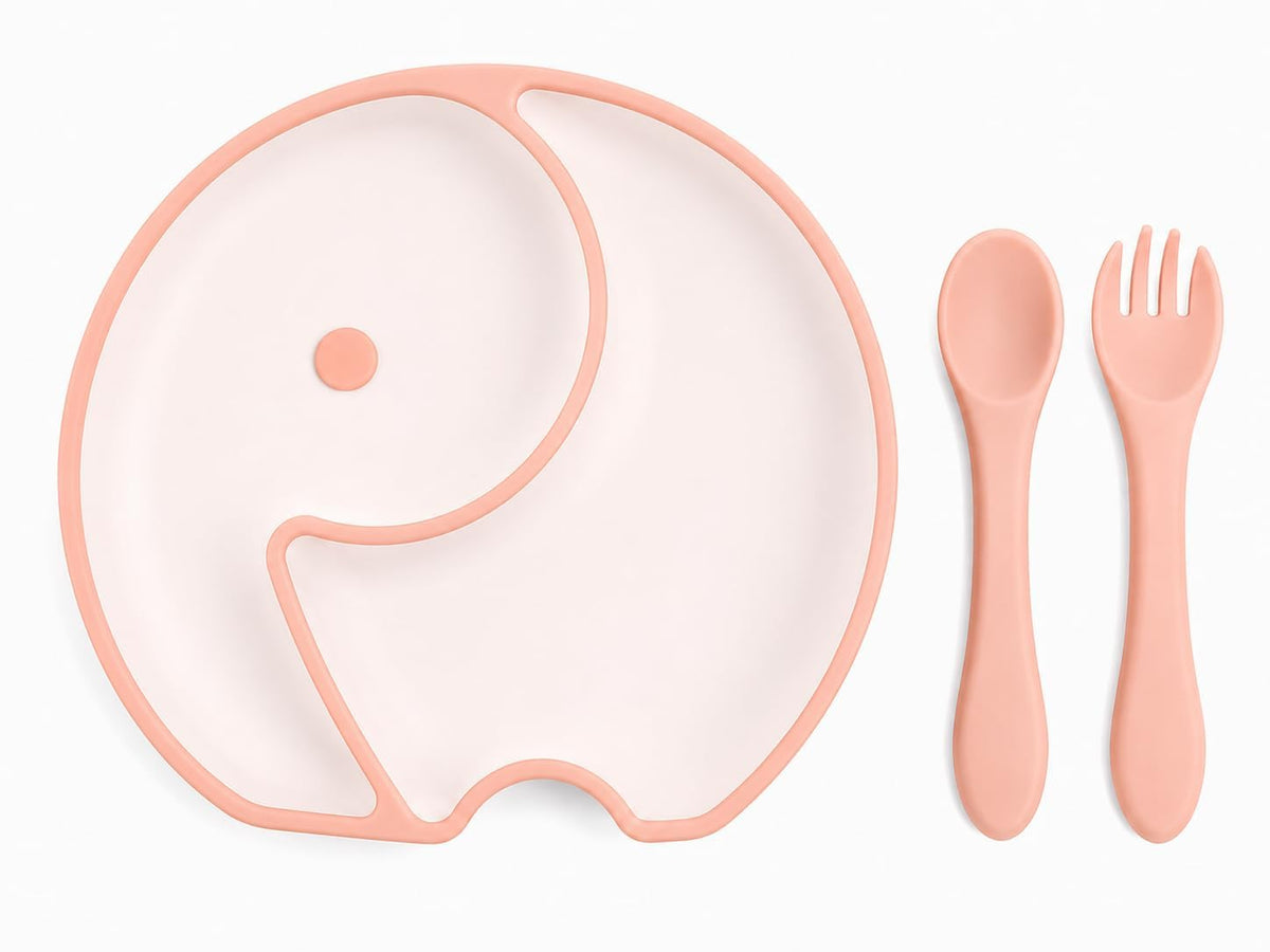 KEYSTREAM Elephant Shape Silicone Baby Feeding Plate Set with Spoon & Fork, Strong Suction Divided Plate for Toddlers, BPA Free