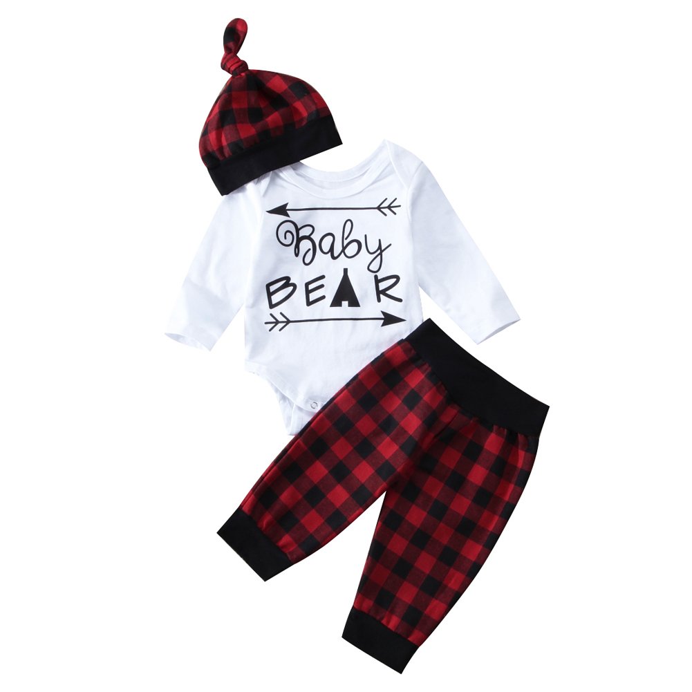 Infant Newborn Baby Boy Girl Long Sleeve Bear Romper+Plaid Long Pants+Hat Outfits Clothes Set (12-18Months, White+Red)