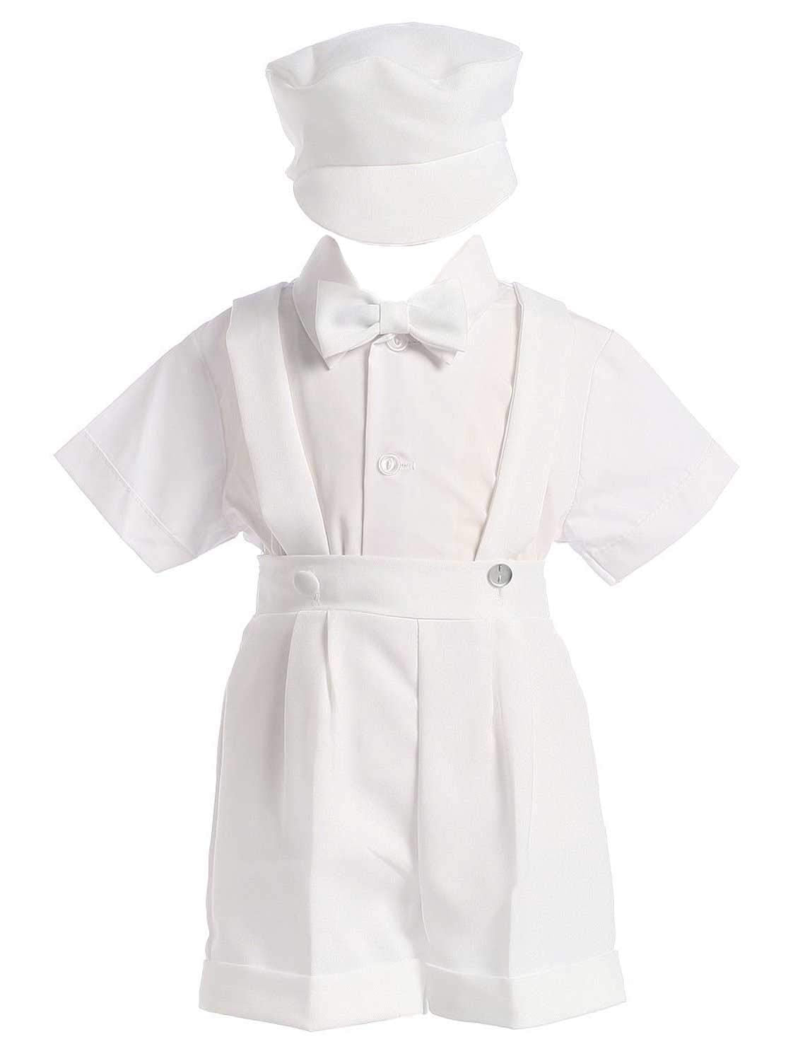 Lito White Christening Baptism Suspenders And Short Set With Hat,18-24 Months