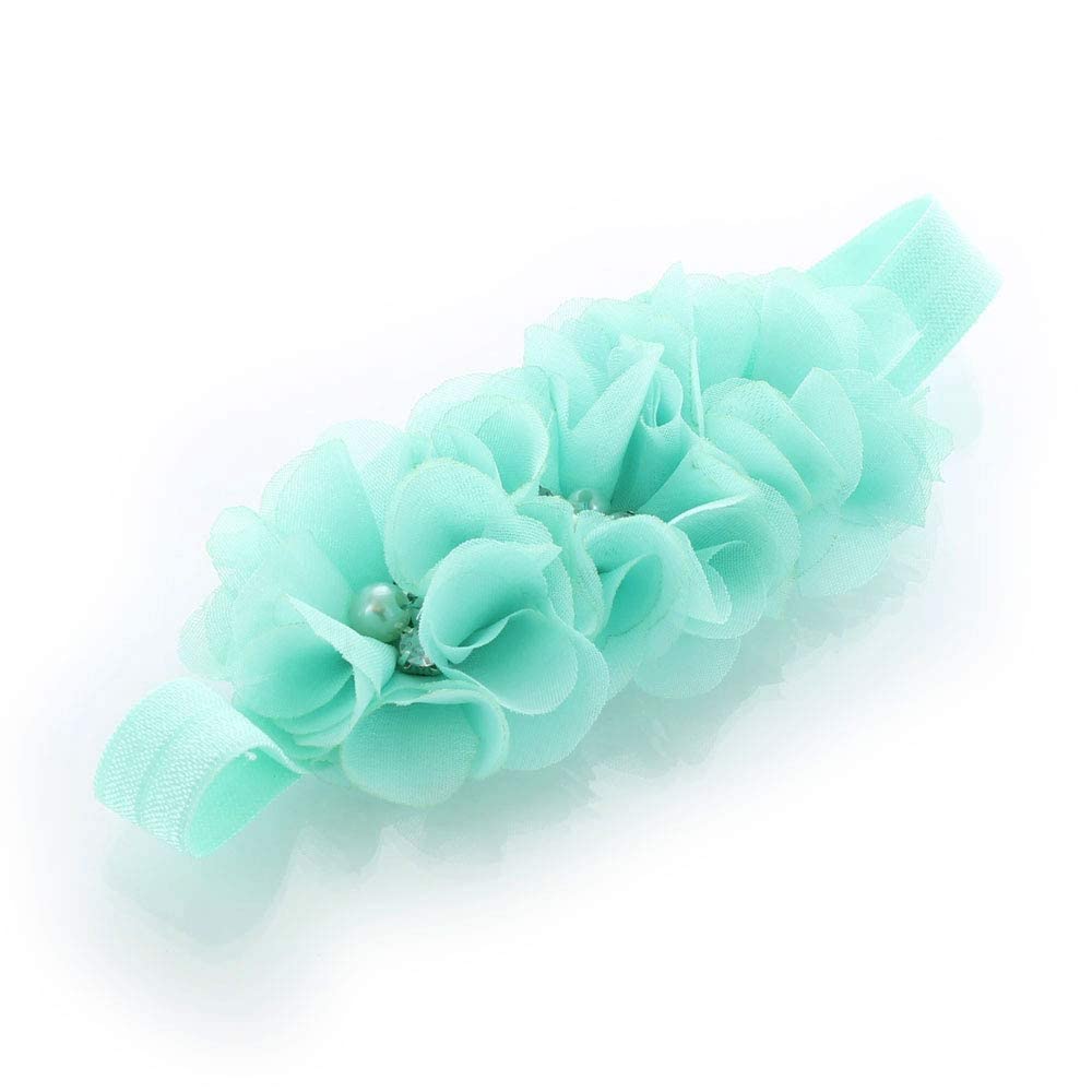 My Lello Baby Flower Headbands Fabric Beaded Trio Stretchy Elastic Pair (Light Pink/Aqua)