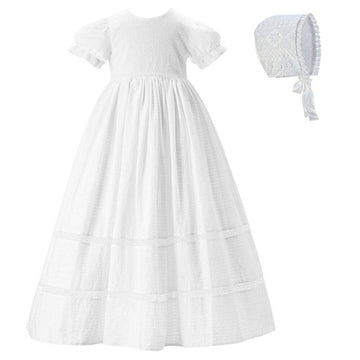 Niubao Baby Girls Baptism Delicate Cotton Dress Gown With Bonnet For 0-15 Months (6-9M, White)