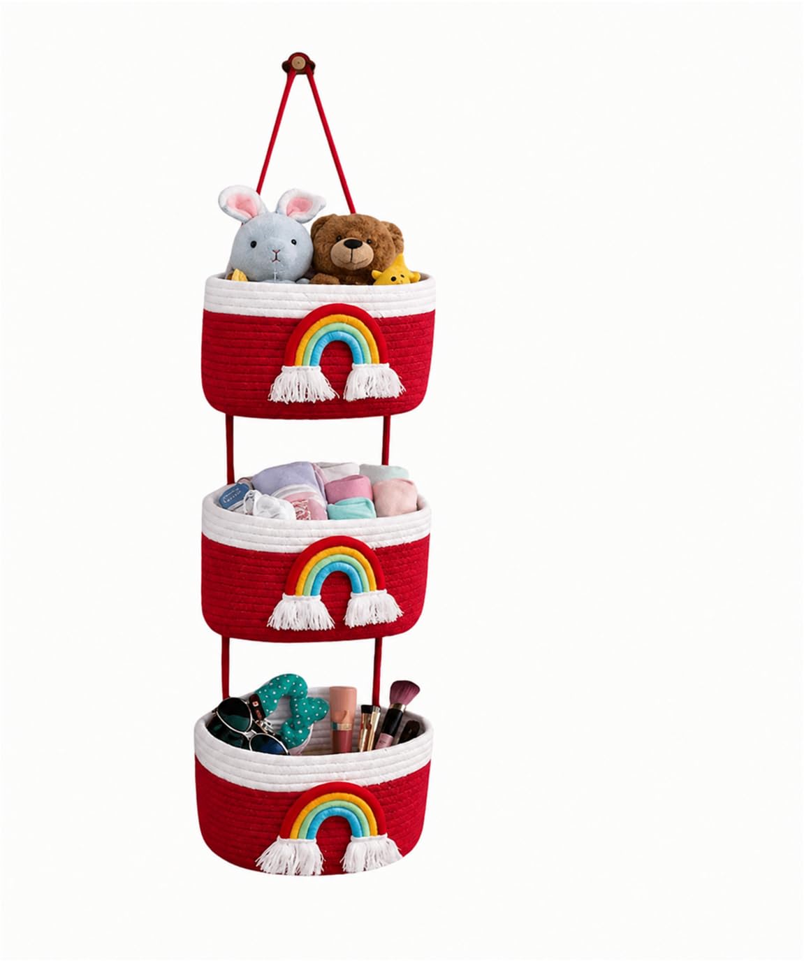3Tier Hanging Cotton Rope Storage Baskets, Red and White, Rainbow Theme, for Nursery and Kids Room