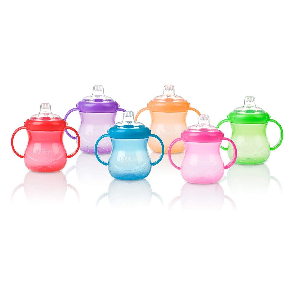 Nuby Plastic Two-Handle No-Spill Grip N' Sip Cup With Soft Spout, 10 Ounce, Colors May Vary