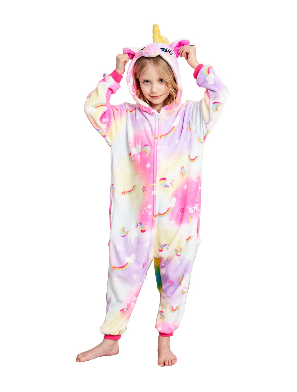 Fuzzycosplay Kids Unicorn Costume Animal Pajamas Halloween Cosplay Xmas Gifts (Rainbow Cloudy, 10-12 Years)