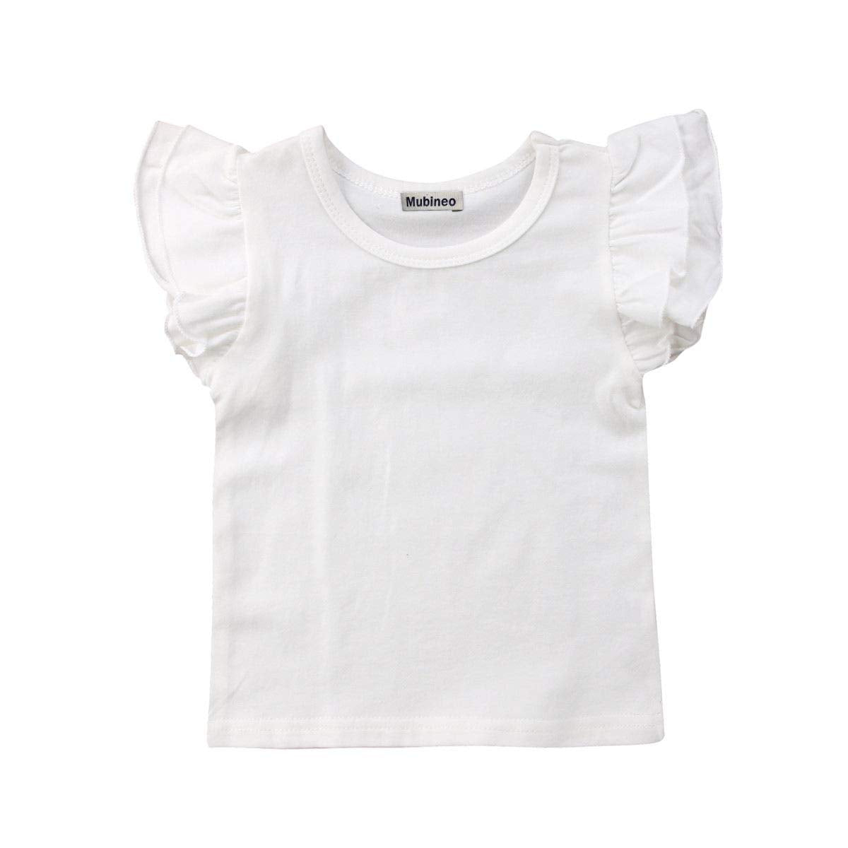 Mubineo Toddler Baby Girl Basic Plain Ruffle Sleeve Cotton T Shirts Tops Tee Clothes (White, 6-12 Months)
