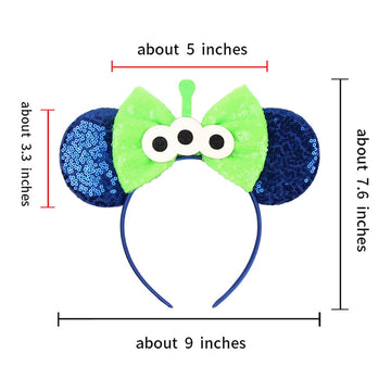Jiahang Green Monster Mouse Ears Headband Sequin Et Bow, Halloween Gilltering Costume Festival Hair Band, Party Decoration Photo