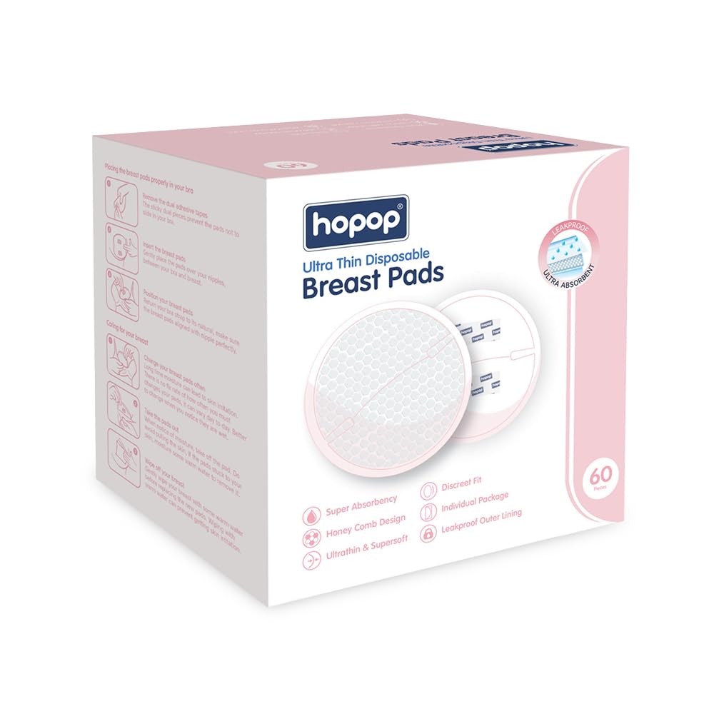 Hopop Disposable Breast Pads For Feeding Mothers | Ultra Thin Honey Comb Nursing Breast Pads | 60 Pcs Highly Absorbent & Soft, D