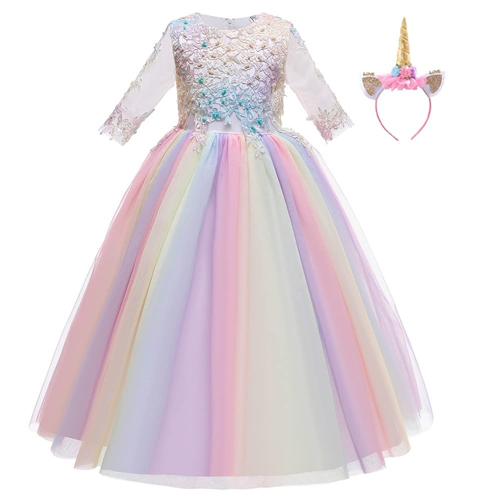 MYRISAM Unicorn Costume Princess Birthday Pageant Party 3/4 Sleeve Maxi Tulle Halloween Christmas Fancy Dress Up Outfits Rainbow