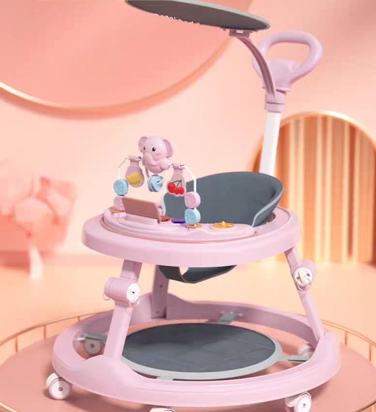 4 in 1 Folding Baby Walker, Activity Walker for Boys Girls, Learning-Seated, Toddler Walk-Behind w/Music Toys, Adjustable Height