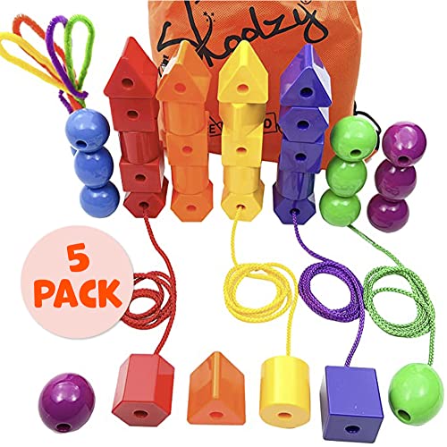 Skoolzy Jumbo Lacing Beads 40 Piece Set - 5 Pack - Autism Fine Motor Skills Montessori Toys - 36 String Beads, 4 Strings, Travel