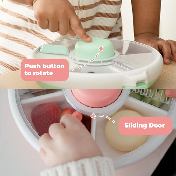 Gobe Kids Small Snack Spinner Slide Bundle With Hand Strap And Sticker Sheet - Reusable Snack Container With 5 Compartment Dispe