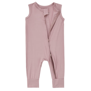 Baby Sleeveless Romper Zipper Toddler Summer Jumpsuit Rayon Outfits Infant Footless Pajamas(Ivory & Purplepink, 6-12M)