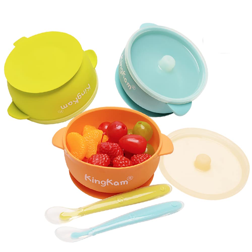 KingKam Baby Bowls and Spoons, Suction Bowls for Baby, Toddler SelfFeeding Set, LeakProof Silicone Bowl with Lid, Dishwasher &
