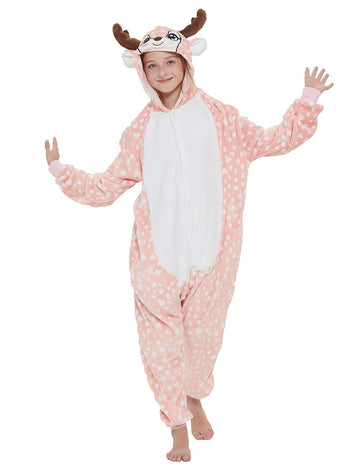 Abenca Kids Deer Onesie Reindeer Costume Animal Girls Pajamas Christmas Halloween Cosplay Sleepwear.Pink Deer.140