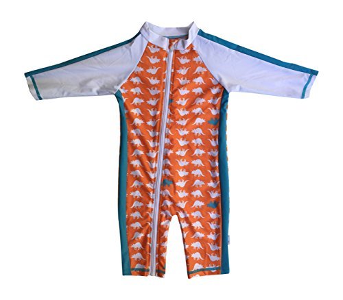 Swimzip Little Boy Long Sleeve Sunsuit With Upf 50 Sun Protection, Orange Dino, 12-18 Month