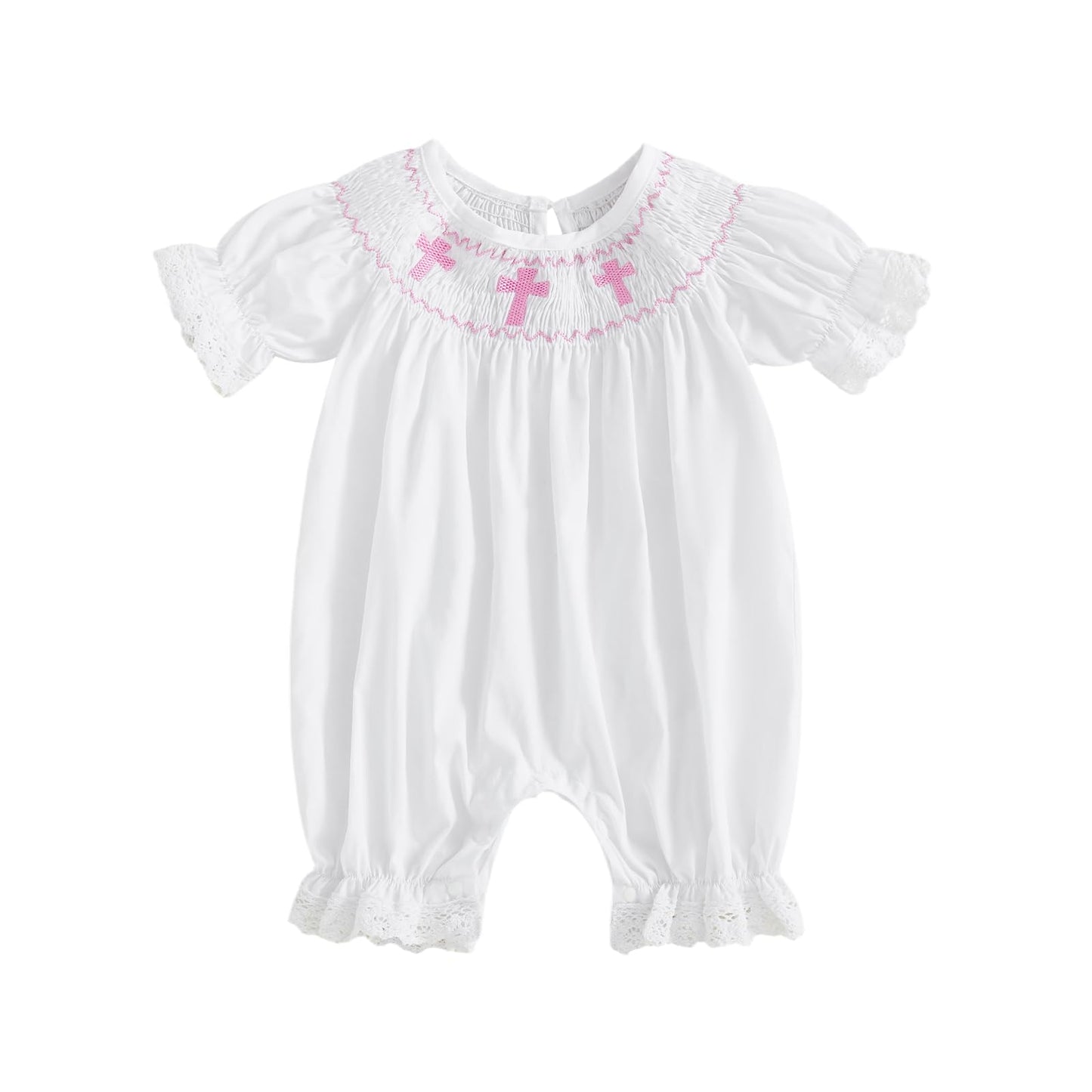 Lamuusaa Newborn Baby Girl Baptism Outfit Smocked Crosses Embroidery Romper One Piece Bodysuit Jumpsuit Summer Clothes (White, 0