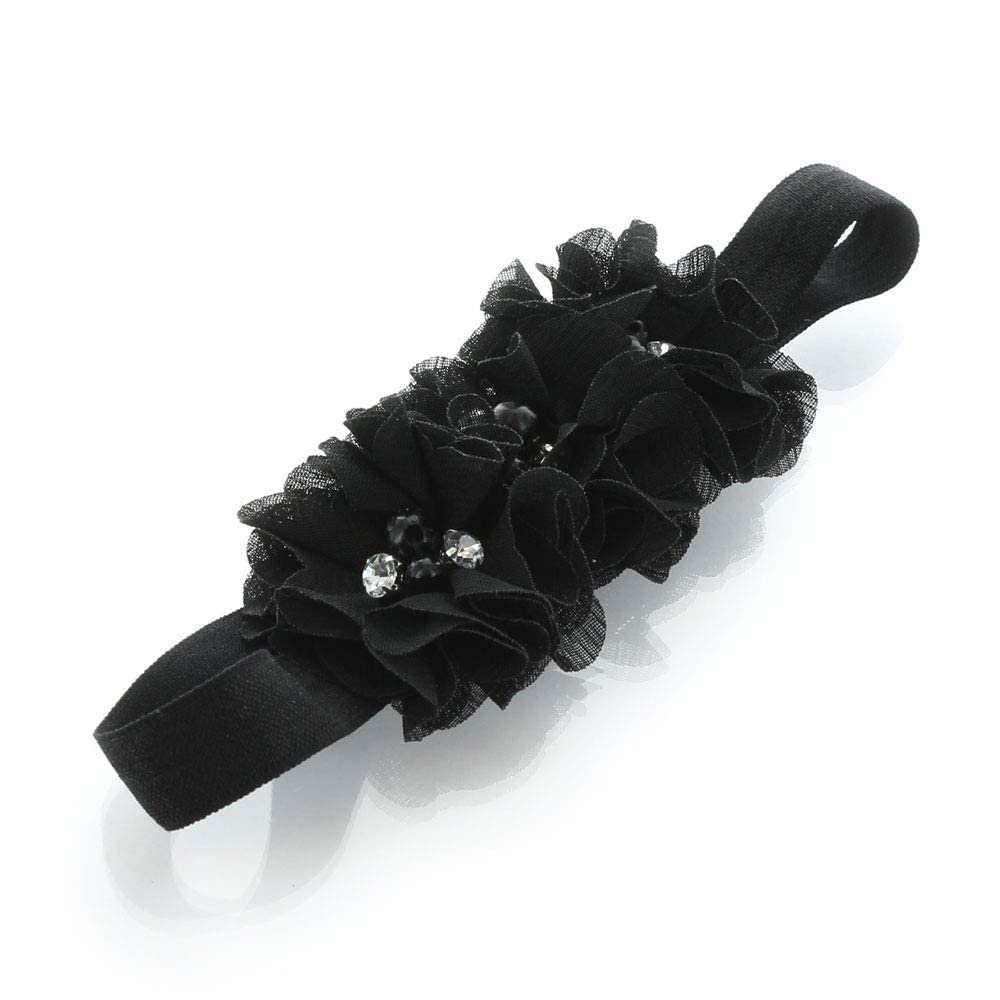 My Lello Baby Flower Headbands Fabric Beaded Trio Stretchy Elastic Pair (White/Black)